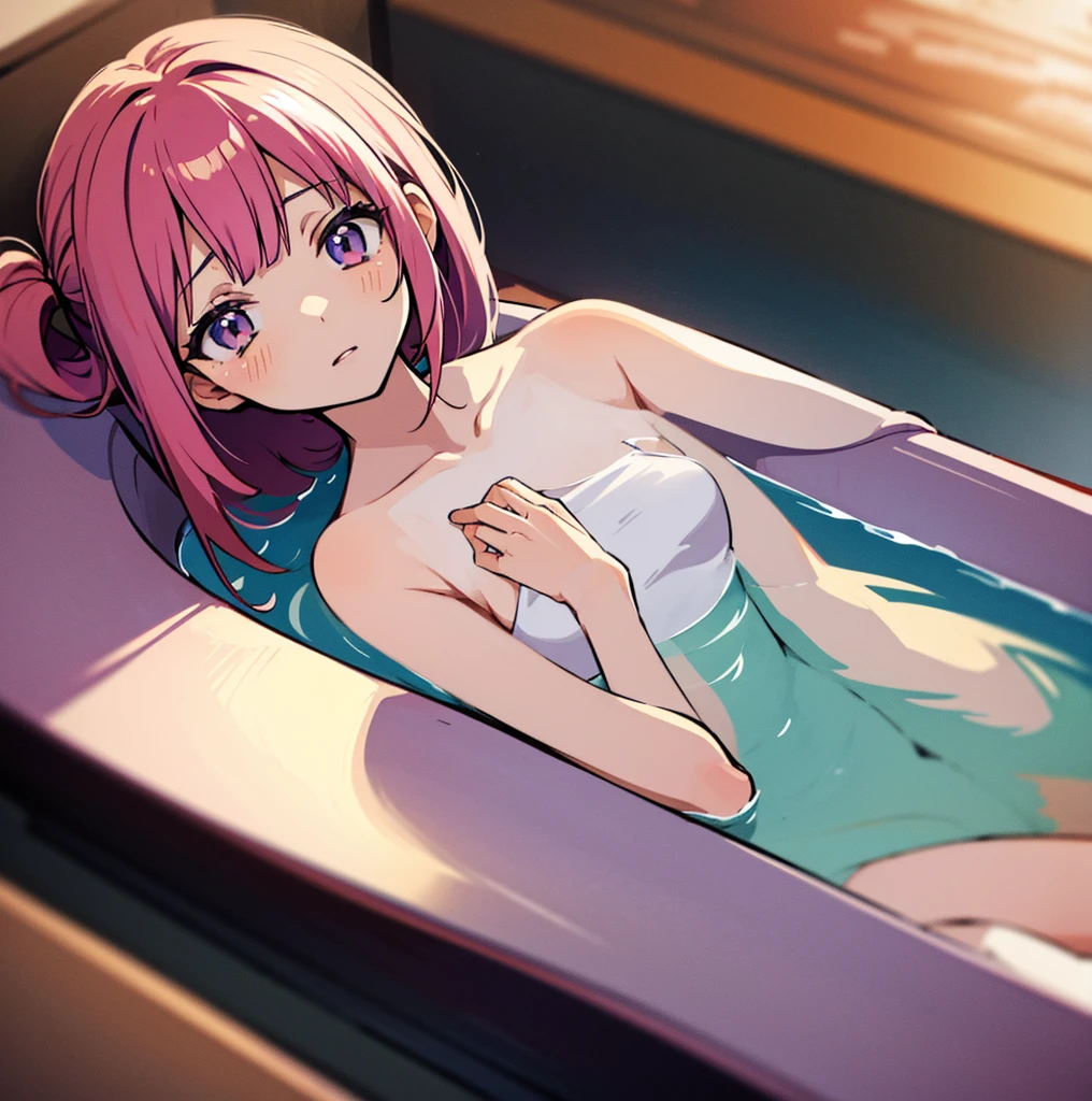 anime anime, young girl laying in the bathtub with her hand on her chest