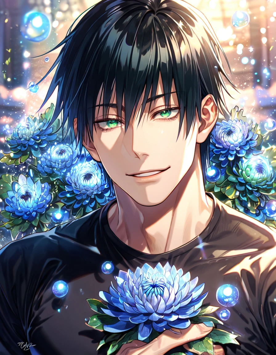 absurdres, highres, ultra detailed, HDR, master piece, best quality, extremely detailed, Fushiguro Touji, black straight hair, expressive green eyes, Jujutsu Kaisen, solo, sexy man, handsome, handsome smile, black tight T-shirt, fantasy, water, sparkling, blue glittering fireflies, blue moon, blue blossoms, blue chrysanthemums, blue sparkling lights, starry sky
