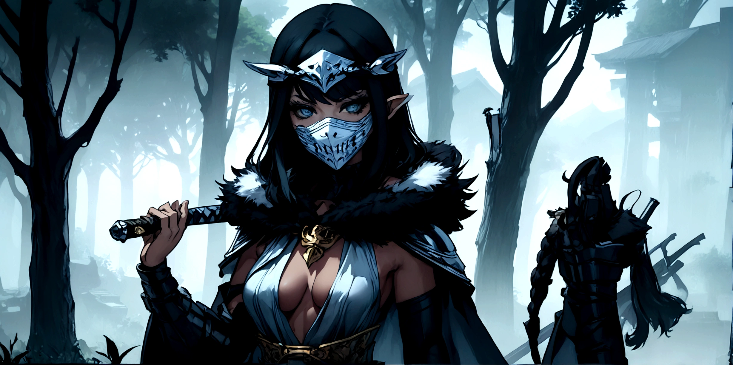 ninja mask, cape,close up, black heavy detailed clothes, katana, art, dark and malevolent, hand sword, armor, powerful and intimidating, (masterpiece, best quality, ultra-detailed, best shadow), (detailed background, dark fantasy) dramatic light, intricate details, dark and malevolent, powerful and intimidating, Dark and foreboding, malevolent force, sinister and chilling, armor, high detailed background, girl in demon slayer art, demon slayer art style, epic anime art, God death
