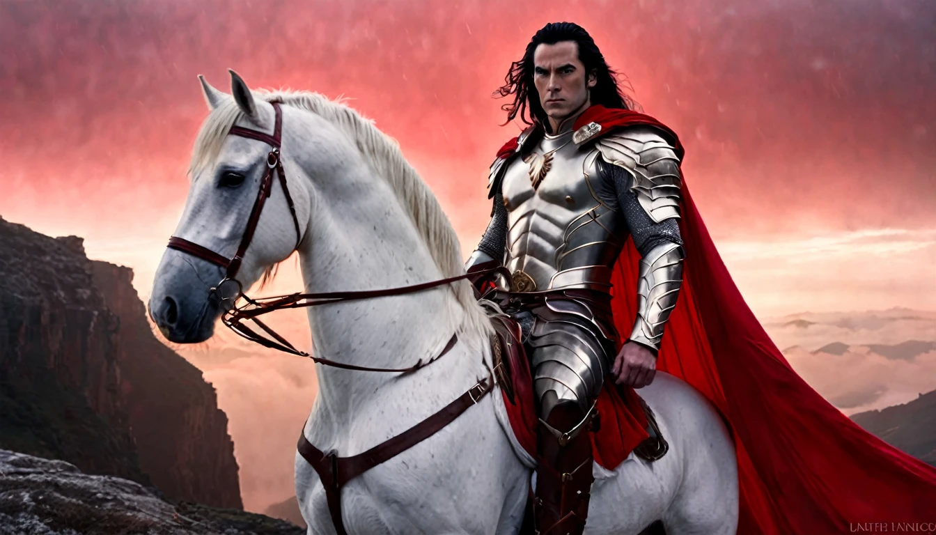 Medieval warrior man, shazam with zachary leviar face, long black hair, red armor, long white cape, super muscular body on steroids, riding a beautiful white horse, black pointed cliffs in the background, red fog, image of dark fantasy, ethereal atmosphere, cinematic lighting, photorealistic, (best quality, 8k, high resolution, masterpiece: 1.2), ultra detailed, realistic, photorealistic: 1.37, spectacular lighting, moody, fantasy, concept art