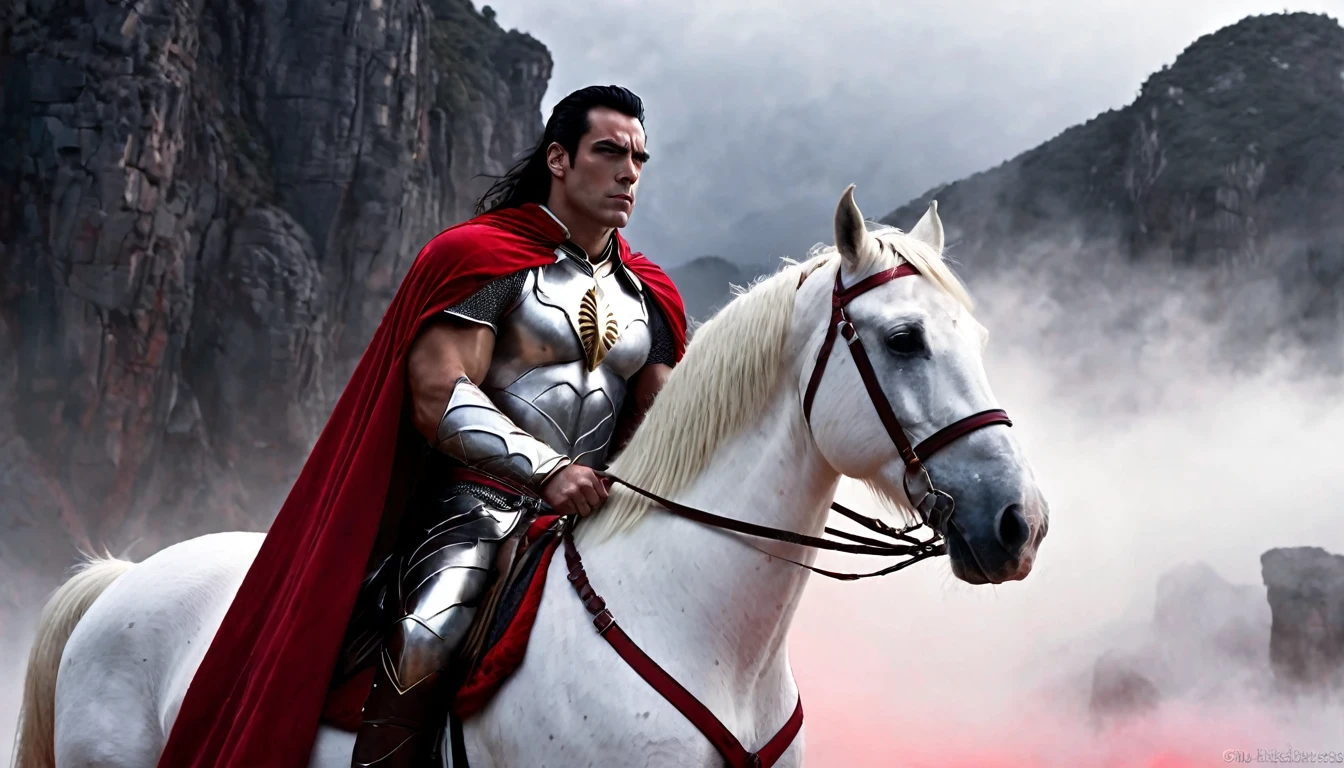 Medieval warrior man, shazam with zachary leviar face, long black hair, red armor, long white cape, super muscular body on steroids, riding a beautiful white horse, black pointed cliffs in the background, red fog, image of dark fantasy, ethereal atmosphere, cinematic lighting, photorealistic, (best quality, 8k, high resolution, masterpiece: 1.2), ultra detailed, realistic, photorealistic: 1.37, spectacular lighting, moody, fantasy, concept art