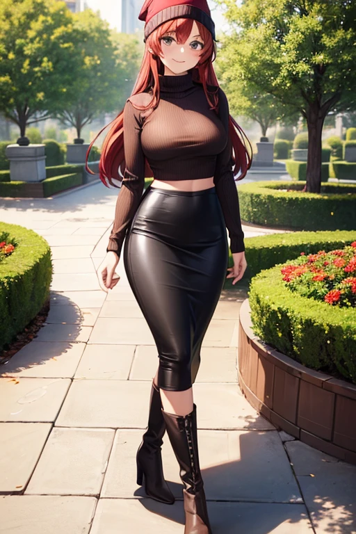 1girl, woman wearing brown long sleeved sweater shirt, crop top, tight midi pencil skirt black, long length pencil skirt, long red hair, looking at viewer, full body, walking, smile, blush, leather boots, garden, fall, leaves, beanie, scarf, large bust