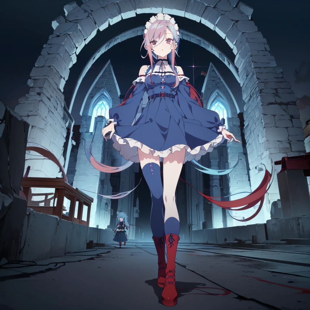 [(cathedral background:1.4)::5],original,(illustration:1.1),(best quality),(masterpiece:1.1),(extremely detailed CG unity 8k wallpaper:1.1), (colorful:0.9),(mid shot:0.95),(full body:1.5),Dynamic angle,(solo:1.2), (girl),((adult)), (detailed beautiful eyes:1.15), (beautiful face:1.15), (glowing red eyes:1.25////),((medium hair)),((split-color hair , red hair , light blue hair)),(high twintails),(chignon),(+perfect hand+:1.21),(Draw an illustration of a gothic girl),(Religious),(slender),(is wearing boots on her feet),((is wearing white maid clothes)),(furious), Lace Off-shoulder ta fashion,beautiful slender woman,high twintails,full body,mini skirt,((split-color hair , red hair , light blue hair)),((split-color hair , red hair , light blue hair)),((split-color hair , red hair , light blue hair)),((split-color hair , red hair , light blue hair)),