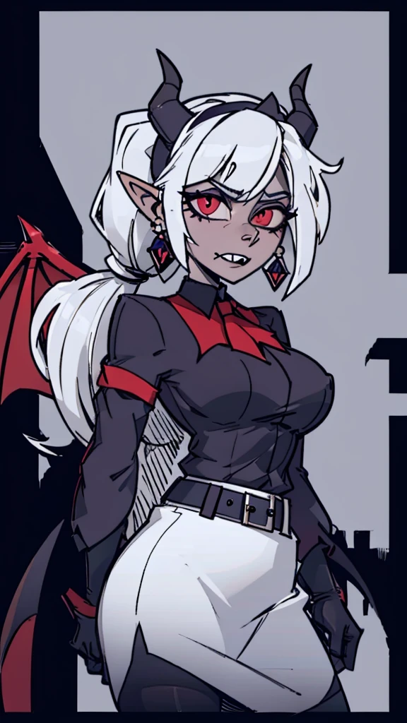 Elfa gato linda surreal, cabelos muito ruivos e detalhados, rosto detalhado, grandes chifres de demonio, gorda, corpo inteiro, grandes olhos, nariz longos e pontudos, colettetrixie, sharp teeth, hair over one eye, hairband, demon horns, colored sclera, purple shirt, purple shorts, demon wings, 1girl, long hair, pointy ears, twintails, jewelry, elf, earrings, capelet, white capelet, long sleeves, parted bangs, dress, belt, flower, gloves, puffy short sleeves, red eyes and blue eyes, striped, very big tits, very very big ass, very chubby, 8k, hd, hdr, mostrando o umbigo