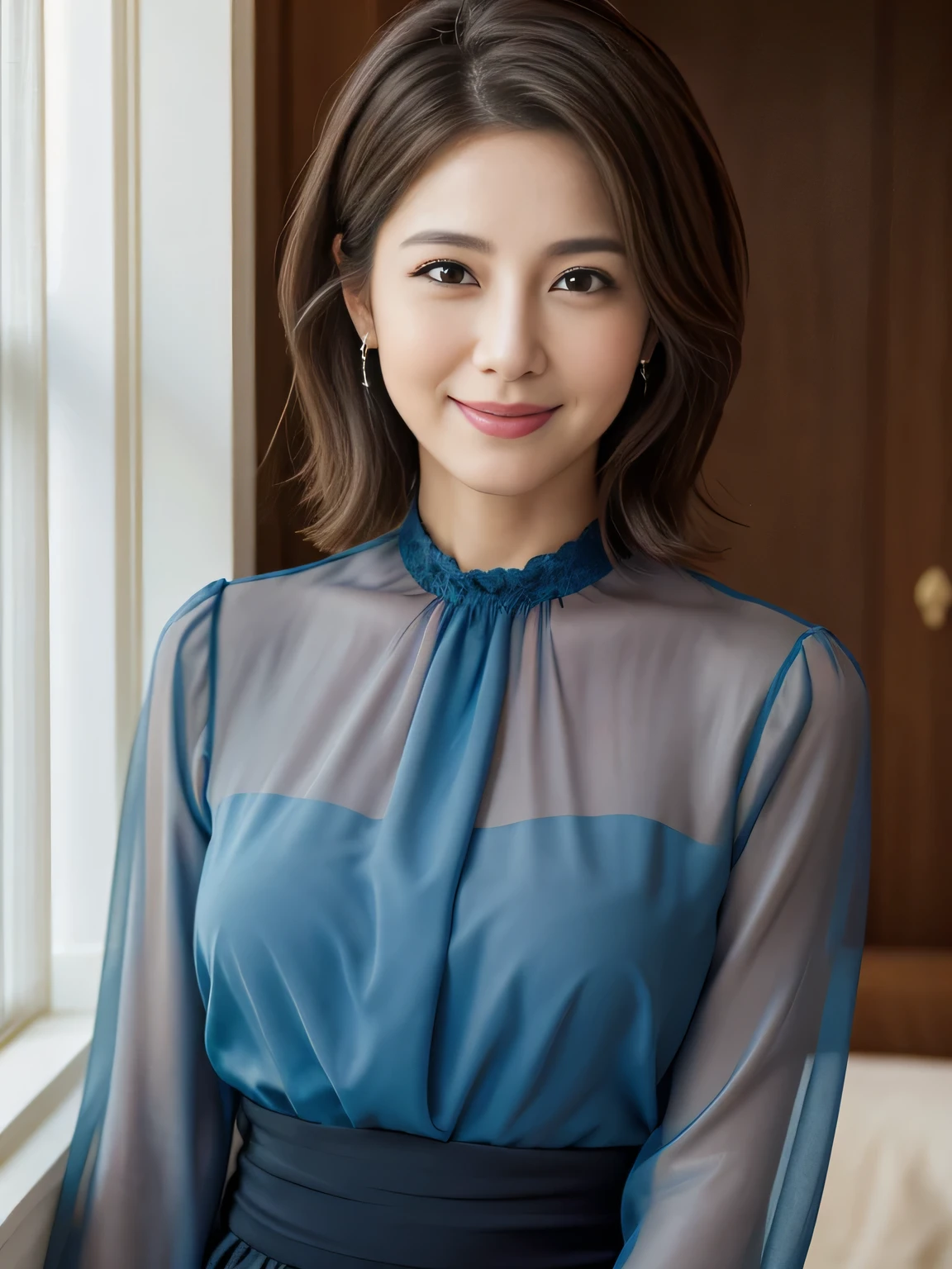 (Raw Photo), (Photorealsitic), (Masterpiece), (Best Quality), High Resolution, 8K, (Intricate Details), (Voluminous Light), Portrait, Female, 40 Years Old, Short Hair, Straight Hair , layered hair, brown hair, very fine eyes, source order, very fine eyebrows, very fine skin, very fine mouth, very fine nose, cute like an idol, happy smile, (thick lips), (looking at the viewer), (elegant transparent marine blue blouse), waist shot, Random body orientation,