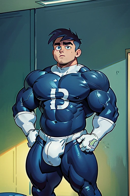 Danny Phantom and Dash Baxter, football field background, ghost, hypnosis, jock, conversion, locker room hallway, hyper muscles, jockstrap, bro, meathead, hypnotized, brainwashed, brainwashing, big dumb jock, football. Glowing blue eyes. Hyper crotch bulge. Massive bulging crotch. Big balls. Big biceps. Big triceps. Big traps. Broad shoulders. Big meaty pecs. Big thighs. Thick glutes. Hyper muscles. crew cut. Football team assimilation. Well endowed. Clothes turning into Casper High School football uniform. Danny Fenton looks shocked and gradually transitions to a dull vapid expression instead as his eyes glow. Fellow football players lay gloved hands on his shoulder pads. "Gah! What happened to me? I look like a—! Like a ... BIG ... DUMB ... JOCK...." Open mouth. Blank stare. digital painting. Very detailed. Vapid stare. Dumber and dumber. Brain drain. Dash Baxter smirks and says, "That's because that is what you are now, Fenton. You're gonna be just like us. And you're gonna love every minute of it." Danny replies, "Love ... being ... a jock.... Big ... dumb ... studly ... football jock.... Must protect the Quarterback.... Must ... protect ... Dash...." Dash Baxter smirks. "That's right, Fenton. Good jock."