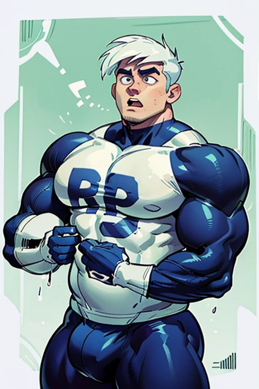 Danny Phantom and Dash Baxter, football field background, ghost, hypnosis, jock, conversion, locker room hallway, hyper muscles, jockstrap, bro, meathead, hypnotized, brainwashed, brainwashing, big dumb jock, football. Glowing blue eyes. Hyper crotch bulge. Massive bulging crotch. Big balls. Big biceps. Big triceps. Big traps. Broad shoulders. Big meaty pecs. Big thighs. Thick glutes. Hyper muscles. crew cut. Football team assimilation. Well endowed. Clothes turning into Casper High School football uniform. Danny Fenton looks shocked and gradually transitions to a dull vapid expression instead as his eyes glow. Fellow football players lay gloved hands on his shoulder pads. "Gah! What happened to me? I look like a—! Like a ... BIG ... DUMB ... JOCK...." Open mouth. Blank stare. digital painting. Very detailed. Vapid stare. Dumber and dumber. Brain drain. Dash Baxter smirks and says, "That's because that is what you are now, Fenton. You're gonna be just like us. And you're gonna love every minute of it." Danny replies, "Love ... being ... a jock.... Big ... dumb ... studly ... football jock.... Must protect the Quarterback.... Must ... protect ... Dash...." Dash Baxter smirks. "That's right, Fenton. Good jock."