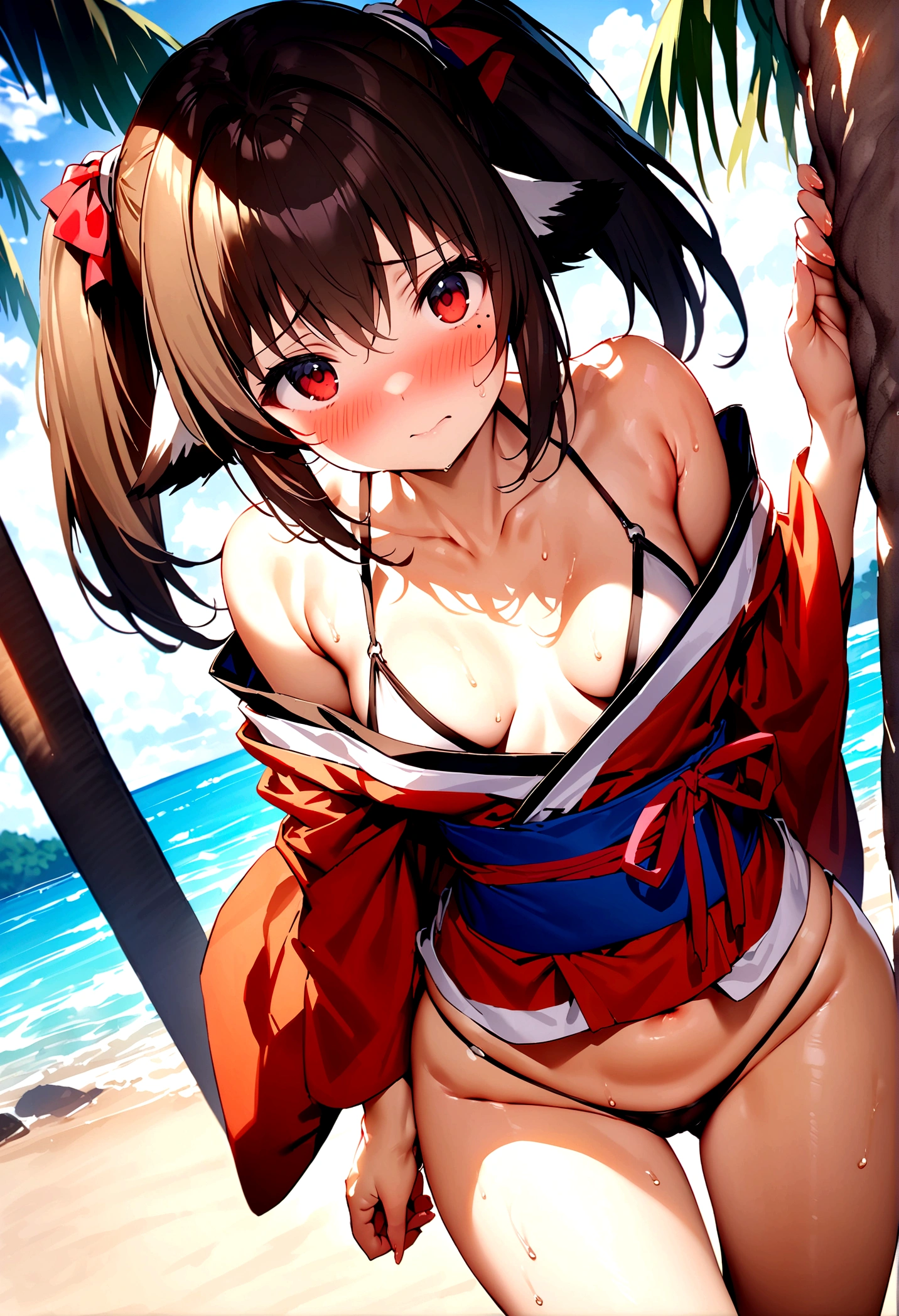 NSFW,masterpiece,Highest quality,High resolution,Super detailed,Nekone \(Utawarerumono\),Brown Hair、(Red Eye:1.3)、ribbon,Twin tails、ヘアribbon、Mole、目の下のMole,Small breasts,High quality sexy bikini,kimono,beach,Palm tree,Rock Shade,Embarrassed,blush,(Seduce),(Strong-faced men),A man rubs my buttocks
