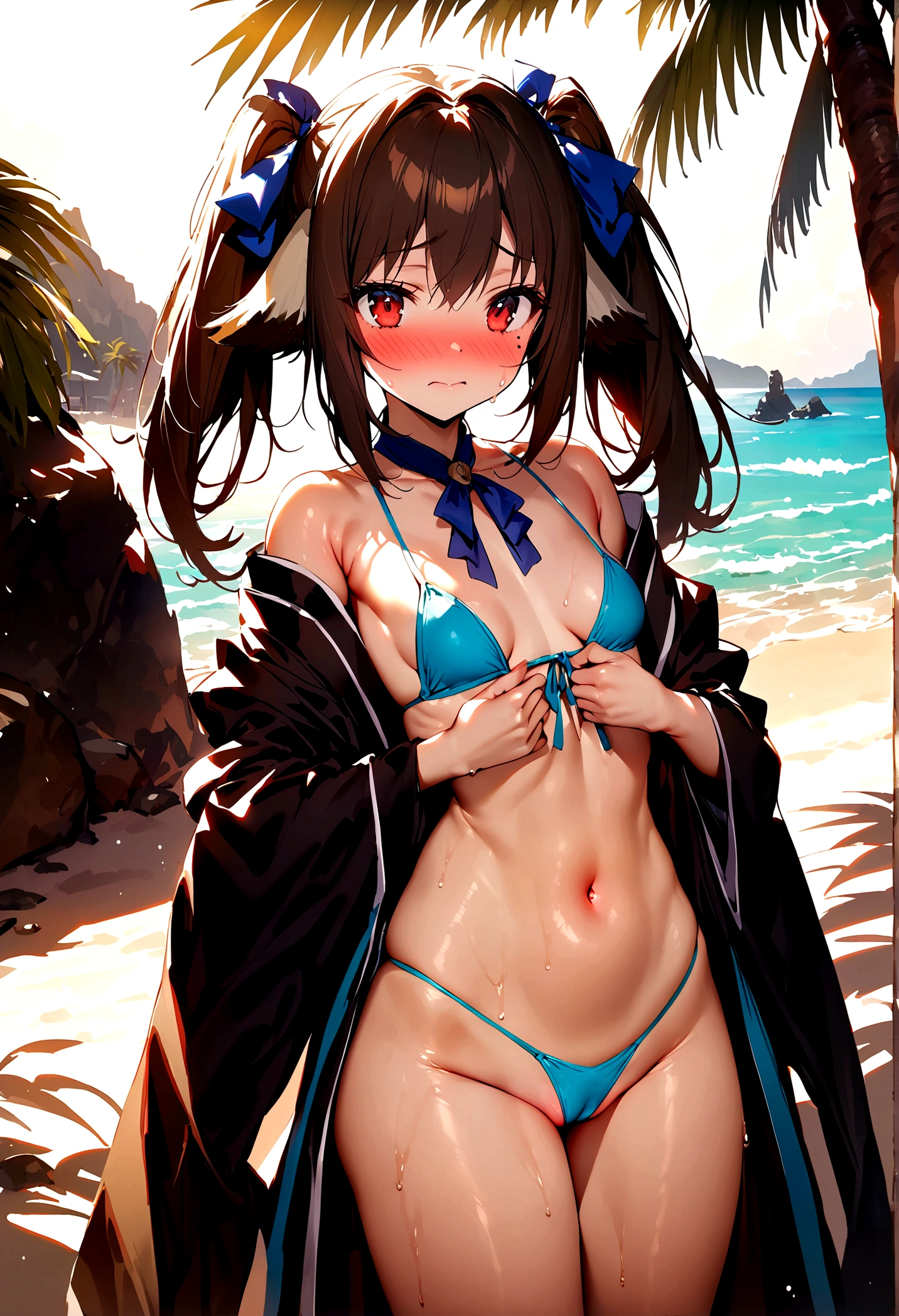 NSFW,masterpiece,Highest quality,High resolution,Super detailed,Nekone \(Utawarerumono\),Brown Hair、(Red Eye:1.3)、ribbon,Twin tails、ヘアribbon、Mole、目の下のMole,Small ,High quality sexy bii,kimono,beach,Palm tree,Rock Shade,Embarrassed,blush,(Seduce),(Strong-faced men),A man rubs my buttocks