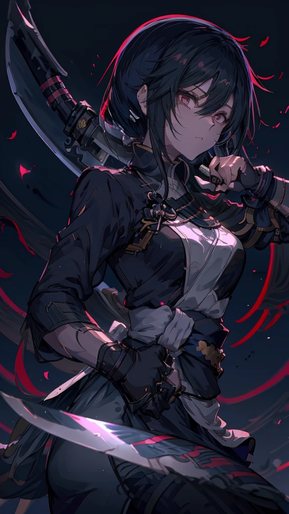 Holding a sword in his hand、Anime girl in black shirt, itatchi uchiha, knife, she is holding a knife sword, Anime-style characters, unsheathing her knife, akatsuki akira, By Ren, Maid, Anime-style artwork, kunoichi, holding knife, Anime characters, yuyushiki