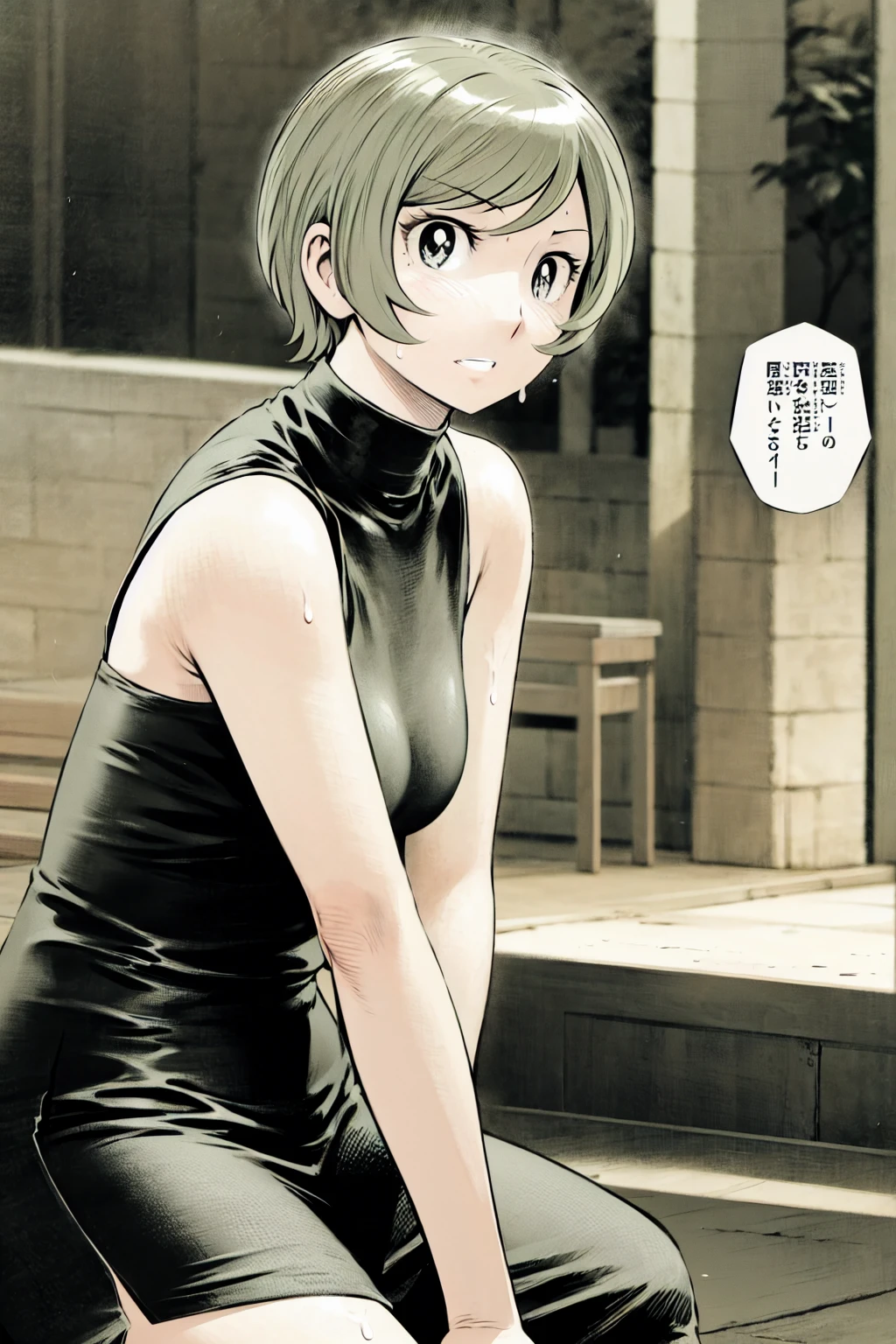、(masterpiece、Highest quality)、Highest quality, Ultra-high resolution, (((masterpiece))), alone, Sweat、Big eyes, Sleeveless、Outdoor、Floral Dress、turtleneck、Tight clothing、skirt、Composition from the front、(後ろCut your hair short、short hair、blonde、woman)、Shortcuts、Embarrassed face、Cut your hair short、可愛いwomanの子、Big Breasts