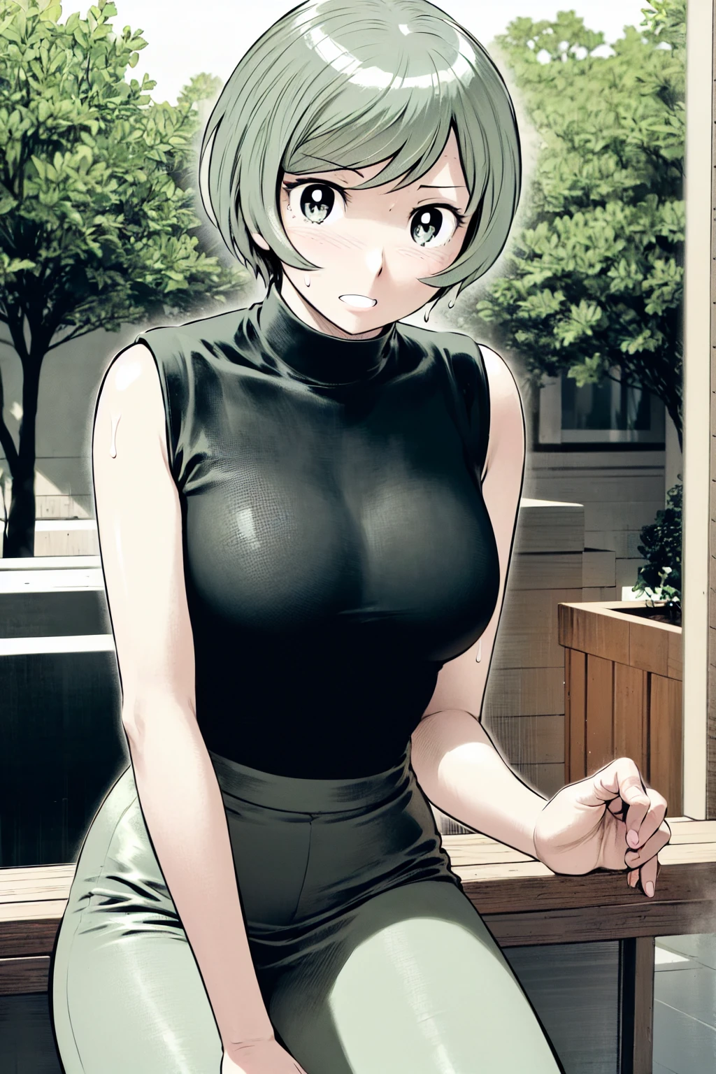 、(masterpiece、Highest quality)、Highest quality, Ultra-high resolution, (((masterpiece))), alone, Sweat、Big eyes, Sleeveless、Outdoor、Floral Dress、turtleneck、Tight clothing、skirt、Composition from the front、(後ろCut your hair short、short hair、blonde、woman)、Shortcuts、Embarrassed face、Cut your hair short、可愛いwomanの子、Big Breasts