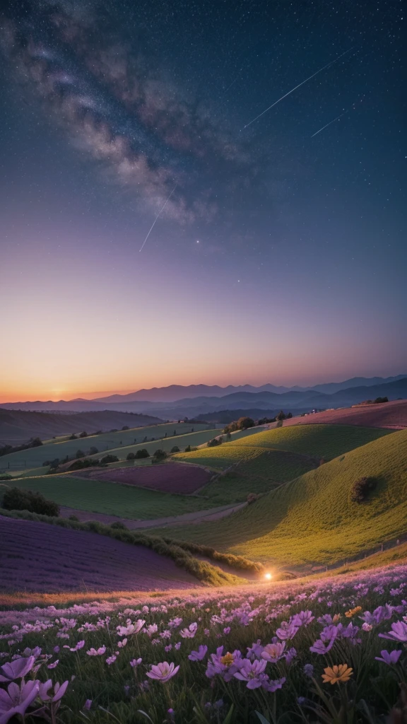 "Create an image of a serene twilight with soft purple and orange tones, showing a peaceful landscape, like a field or hill. Add elements that symbolize hope and renewal, like flowers blooming or a bright star in the sky. The image should convey the promise of a new beginning, with a sense of gratitude and courage for the challenges of tomorrow."