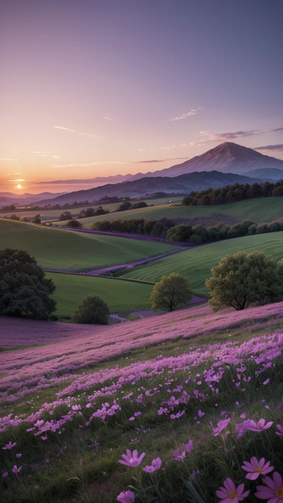 "Create an image of a serene twilight with soft purple and orange tones, showing a peaceful landscape, like a field or hill. Add elements that symbolize hope and renewal, like flowers blooming or a bright star in the sky. The image should convey the promise of a new beginning, with a sense of gratitude and courage for the challenges of tomorrow."
