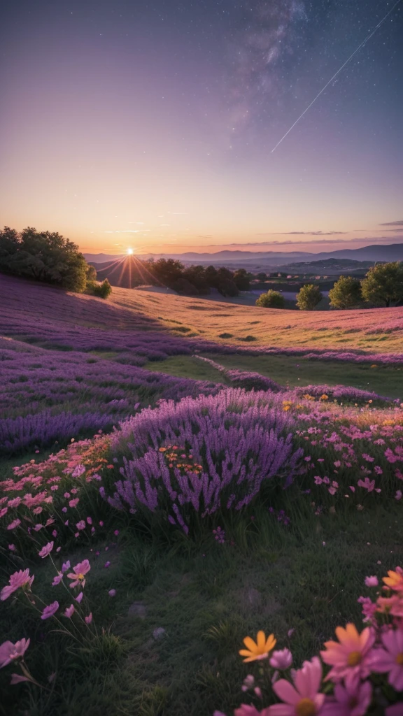 "Create an image of a serene twilight with soft purple and orange tones, showing a peaceful landscape, like a field or hill. Add elements that symbolize hope and renewal, like flowers blooming or a bright star in the sky. The image should convey the promise of a new beginning, with a sense of gratitude and courage for the challenges of tomorrow."