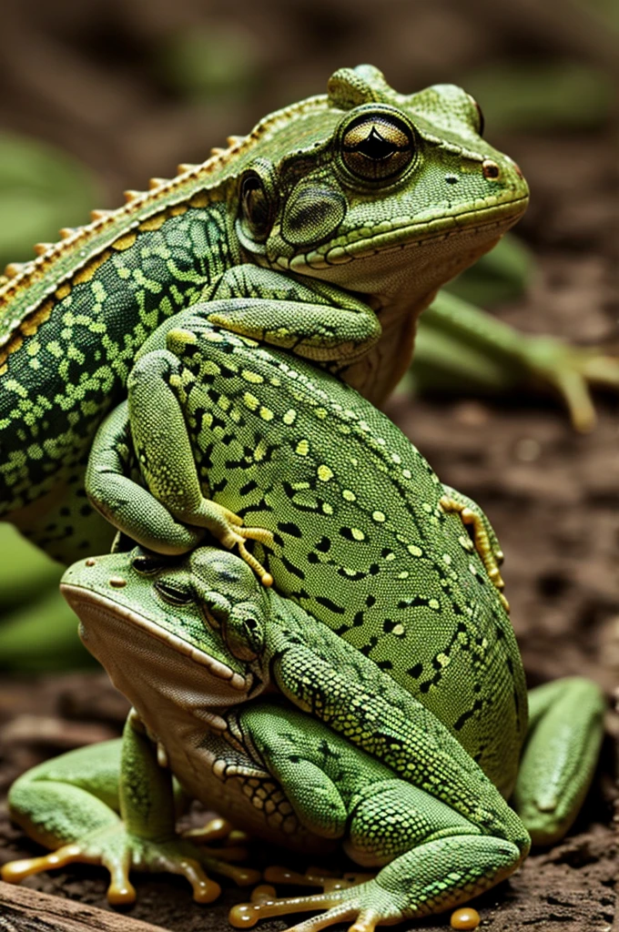 Lizard and a frog hugging 