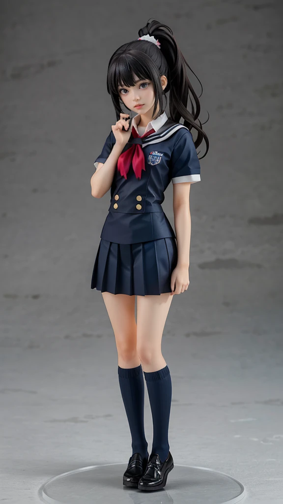 A realistic, high-detailed, full-body render of an anime-style girl ,She has long black hair tied in a high ponytail, expressive blue eyes,The background is a neutral, slightly textured grey,((hight school uniform))、Stuffed rabbit