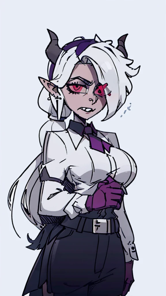 Elfa gato linda surreal, cabelos muito ruivos e detalhados, rosto detalhado, grandes chifres de demonio, gorda, corpo inteiro, grandes olhos, nariz longos e pontudos, colettetrixie, sharp teeth, hair over one eye, hairband, demon horns, colored sclera, purple shirt, purple shorts, demon wings, 1girl, long hair, pointy ears, twintails, jewelry, elf, earrings, capelet, white capelet, long sleeves, parted bangs, dress, belt, flower, gloves, puffy short sleeves, red eyes and blue eyes, striped, very big tits, very very big ass, very chubby, 8k, hd, hdr, mostrando o umbigo