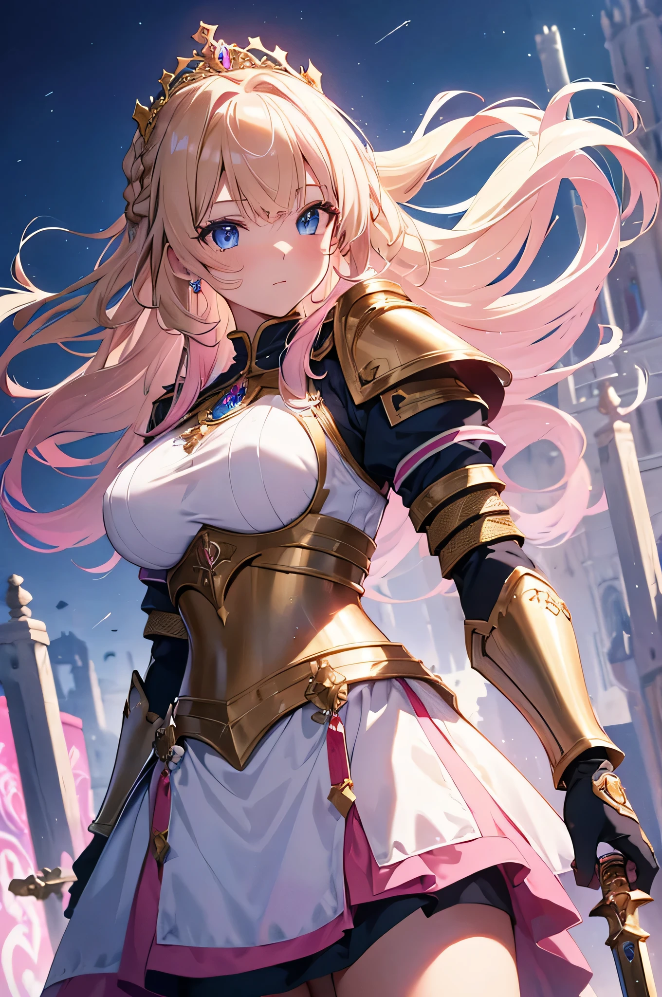 4K,High resolution,One Woman,Blonde,long hair,Braid,Blue Eyes,Big Breasts,Princess Knight,pink princess dress,Pink knight armor,Full Armor,Heavy Armor,Princess Tiara,Jewelry decoration,Gold decoration,Holy Sword,Medieval castle town