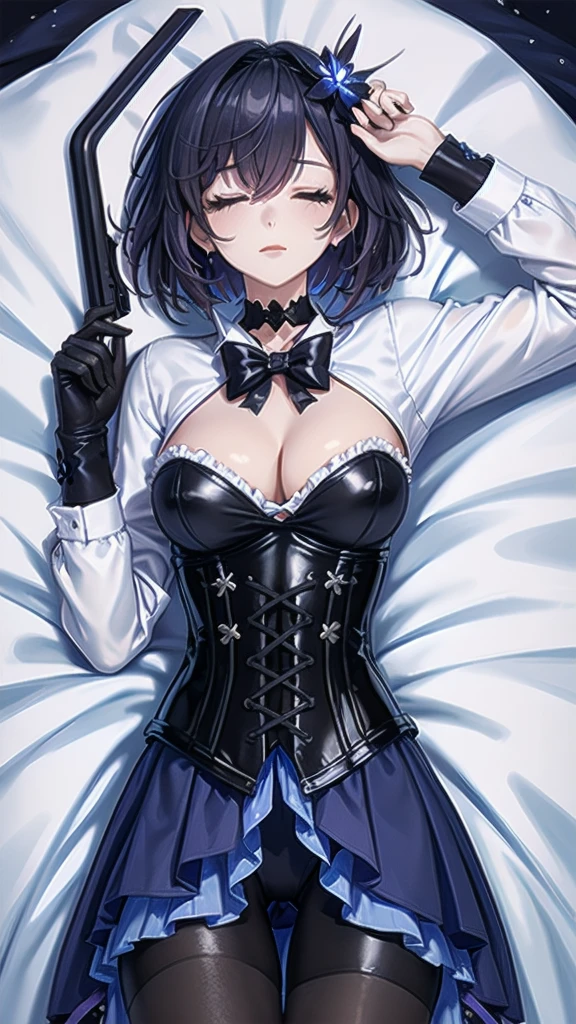  Masterpiece, Beautiful art, professional artist, 8k, Very detailed face, Detailed clothing, detailed fabric, 1 girl, Soul Fullness \(Honkai Impact 3rd\), View from above, lying on the ground, BIG BREASTS, perfectly drawn body, sleeping expression, pale skin, beautiful face, short dark blue hair, pink cheeks, choker:1.6, (white long sleeve button down shirt with white collar), black gloves, gloves that cover hands, (holds an ax with his right hand), (black leather corset), (shiny black leggings), Sensual Lips , winter night, looking at the viewer, dark forest, Atmosphere, fog, At night