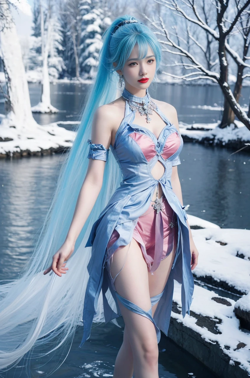 best quality, tmasterpiece,Ultra-high resolution,Clear face,(Reality:1.4),ferpect lighting,(upper body shot), (photorealistic:1.50), anime wallpaper, Guviz style artwork, cover-up fantasy up to magic , by Yang J, Guviz, beautiful artwork illustration, beautiful digital artwork, beautiful digital illustration, Li Song, beautiful anime portrait, art style in Beauvot, Lips wear thick red lipstick