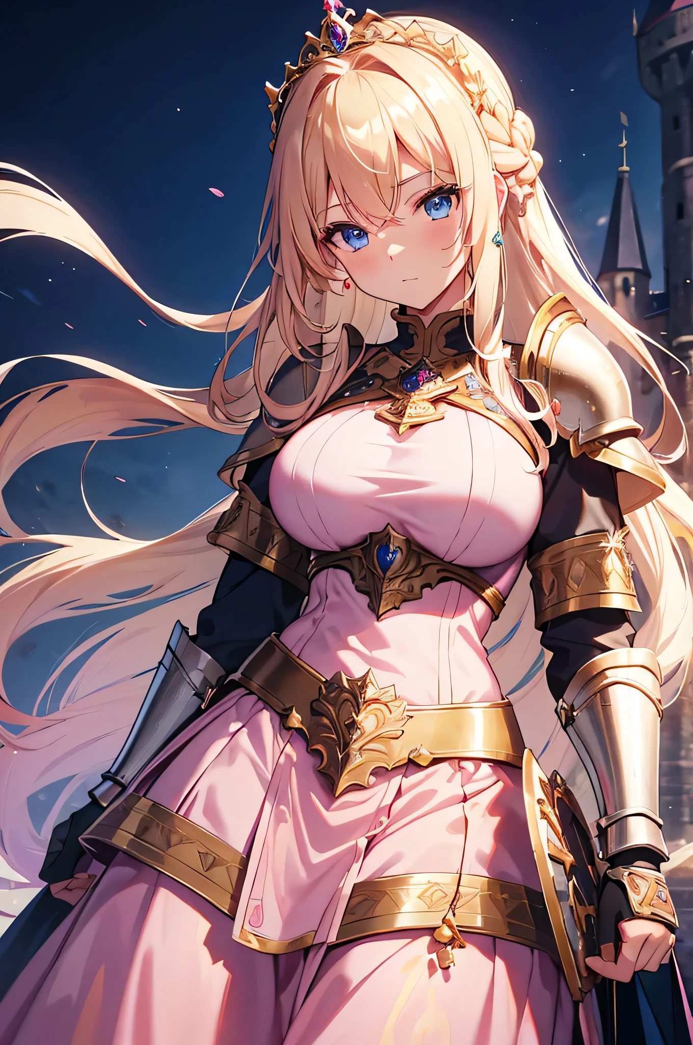 4K,High resolution,One Woman,Blonde,long hair,Braid,Blue Eyes,Big Breasts,Princess Knight,pink princess dress,Pink knight armor,Full Armor,Heavy Armor,Princess Tiara,Jewelry decoration,Gold decoration,Holy Sword,Medieval castle town