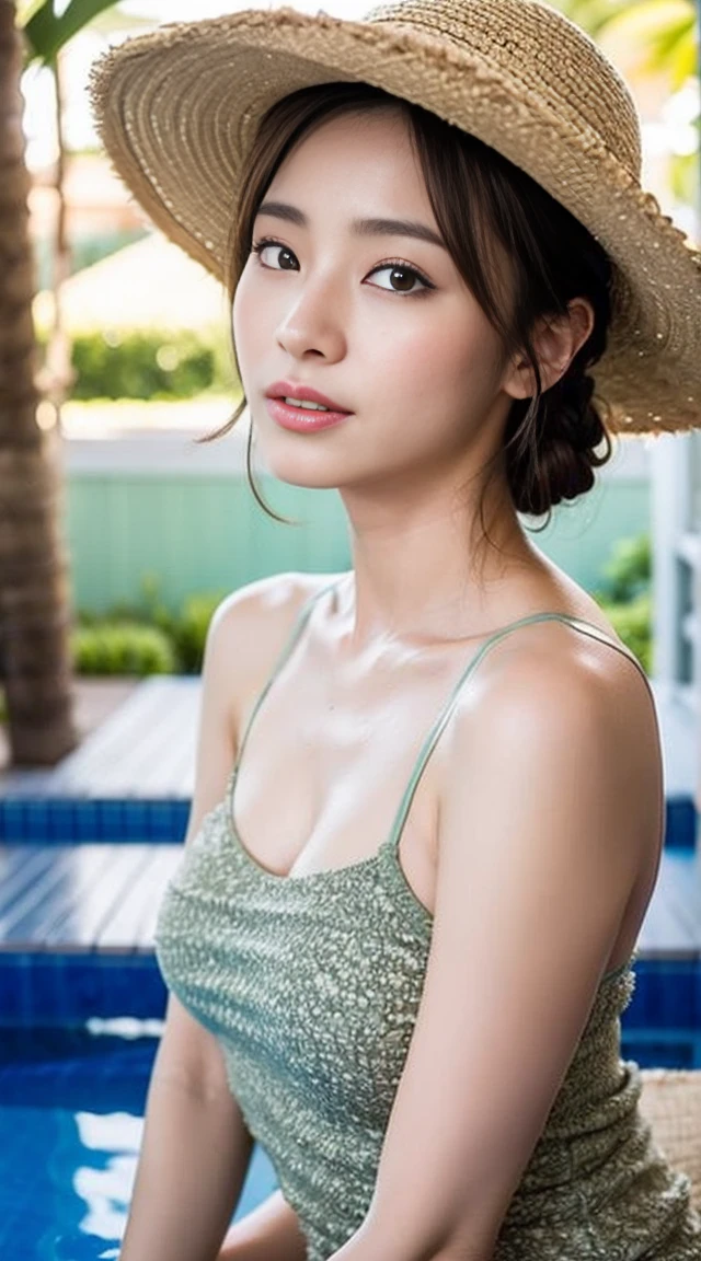 Dark brown hair、Light brown eyes、Japanese actress、 Lady、I am about 40 years old......、(Intricate details:1.2)、(Which is the top??????:1.4)、 (Ultra-high resolution:1.2)、Ultra-high resolution、(Finely tuned)、(Detailed facial features)、Hmph、8K resolution、D cup size breasts、Long Hair、Updostyle, Updo、Hair Bun、1 Girl, Deep sorrowの表情, (Very detailed美しい顔), (camisole:1.5), (Bare shoulders:1.3), (Highest quality:1.4), (Very detailed)、Beautiful fair skin with transparency,、Top View、 Please open your mouth a little、Her legs are visible through the dress、Deep sorrow、Pose of Weakness、Obscene pose、Sit on the pool bed、、By the pool、Beach Bed、Summer cot、Wide-brimmed hat、Actress Cap、under the sun、sunlight、Wide-brimmed hat、Straw hat、Hats to wear at the resort、elegant、cover one eye with the brim of one's hat、One eye is hidden by the brim of his hat、