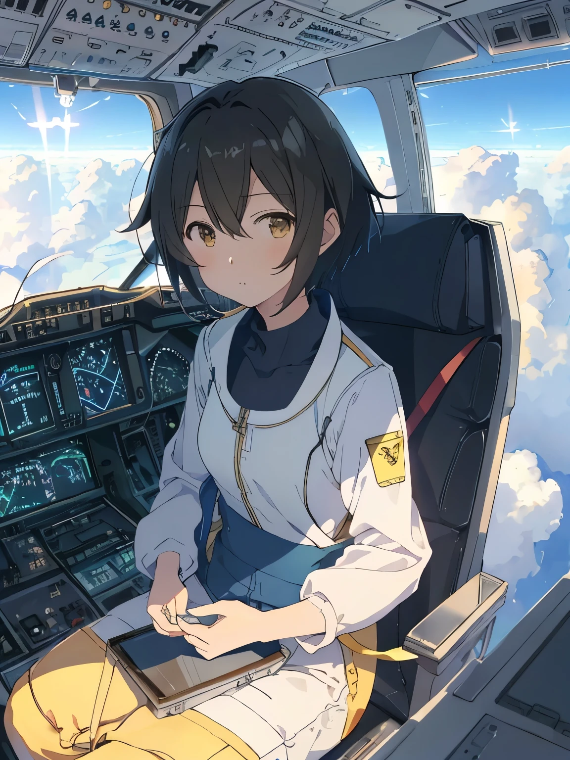 best quality, masterpiece, (独奏:1.2), (1 Female:1.2)、Age 25、(Female Pilots)、Larger breasts、Slender figure、(Sit in a seat inside the retro cockpit of an airplane:1.3)、(Operate wall appliance switches:1.3)、(Yellow flight suit:1.3)、(White highlight in pupil:1.2)、Reddish brown eyes、(Black-haired:1.2)、(Short Hair)、White skin、(blush)、(Serious expression)、(Half backlight)、(Blue sky and sea of clouds outside the window)、(in flight)、(by shinkai makoto)