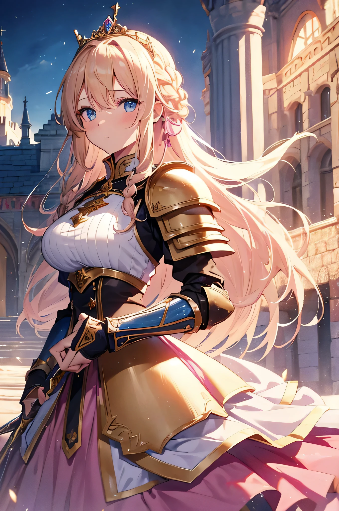 4K,High resolution,One Woman,Blonde,long hair,Braid,Blue Eyes,Big Breasts,Princess Knight,pink princess dress,Pink knight armor,Full Armor,Heavy Armor,Princess Tiara,Jewelry decoration,Gold decoration,Holy Sword,Medieval castle town