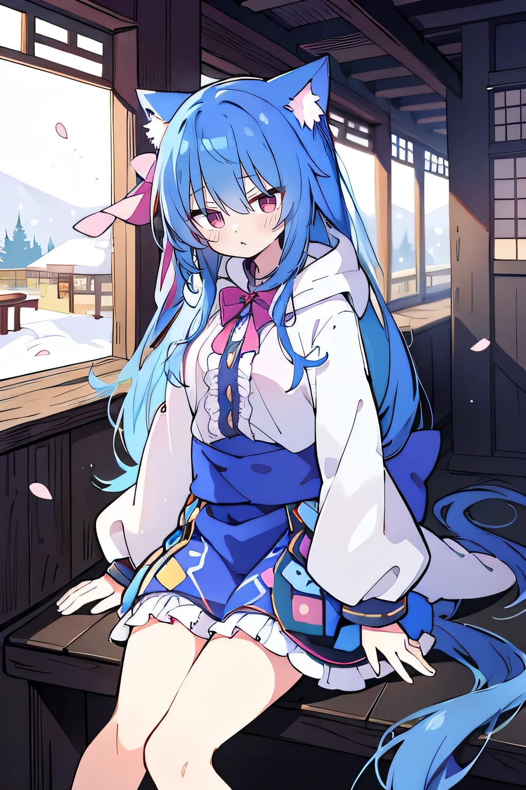 (masterpiece:1.2),Super detailed,lifelike,Expressive eyes,fair skin,perfect face shape,1 girl,
Japanese comics,Gorgeous blue hair,flowing blue hair,flowing clothes,Cat ears,Petals fall,beautiful lola,Baby Angel,
Shaking head with one hand,Cross your legs,Gentle and peaceful background,The pavilion is cool and comfortable,smile, wearing hoodie, In front of the window,snowing