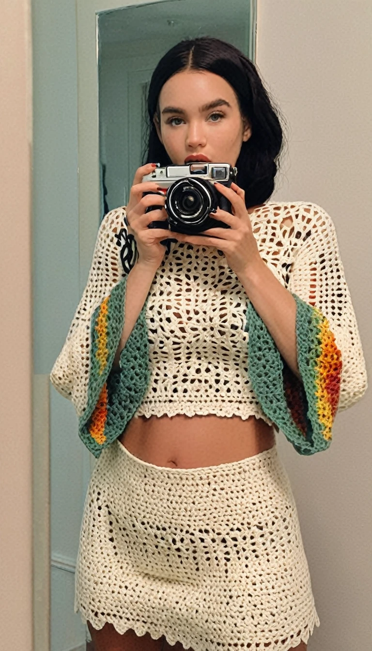 arafed woman taking a picture of herself in a mirror, an album cover inspired by Isobel Heath, instagram contest winner, process art, cropped wide sleeve, crochet skin, aesthetic!!!!, half body cropping, aesthetic!!, tinyest midriff ever, highly aesthetic, crochet, wearing amazing clothes, muted arm colors, detailed clothes, multi colored