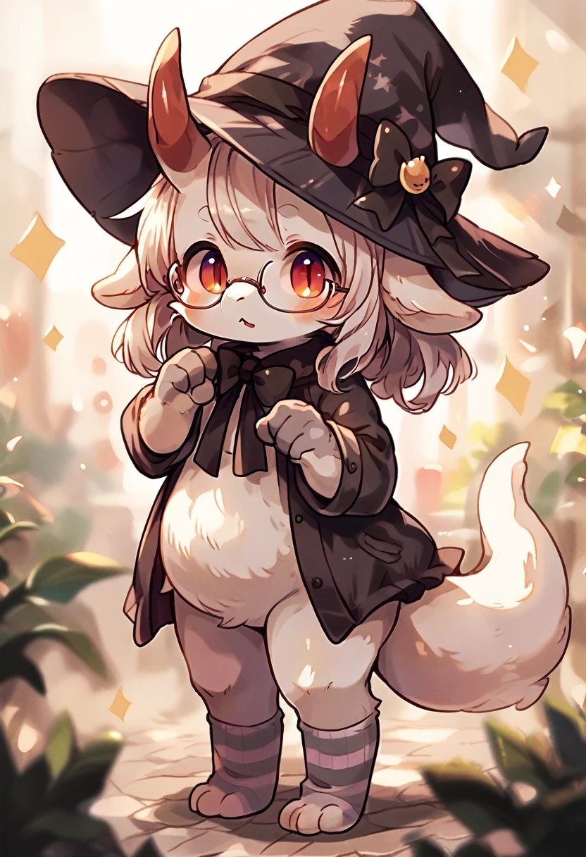 Furry, Furry dragon (anthro), cute fur, eyes black, god of eyes, gray witch hat with black bow, fur all over belly and thigh, artwork, detailded, Perfect artwork, (VOLUMOUS WHITE fur ON THE NECK), White dragon's tail, Kemono, wearing glasses without rounded lenses, cute thighs, shiny thigh, gray striped silk socks, and black, black and gray striped silk gloves, detailed crotch, no clothing, dragon horns, Cute pose, sitting on one knee, standing backwards