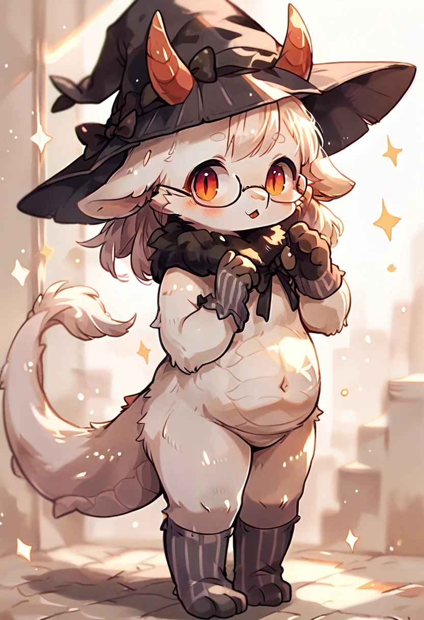 Furry, Furry dragon (anthro), cute fur, eyes black, god of eyes, gray witch hat with black bow, fur all over belly and thigh, artwork, detailded, Perfect artwork, (VOLUMOUS WHITE fur ON THE NECK), White dragon's tail, Kemono, wearing glasses without rounded lenses, cute thighs, shiny thigh, gray striped silk socks, and black, black and gray striped silk gloves, detailed crotch, no clothing, dragon horns, Cute pose, standing up with legs together, standing backwards