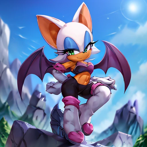  gloves, boots, rouge the bat is wearing a crop top of her default outfit with a bare midriff, a bare navel and Rock hard abs, digital artwork, ((masterpiece)), ((4k)), ((perfect face)), trending on artstation, furry style 