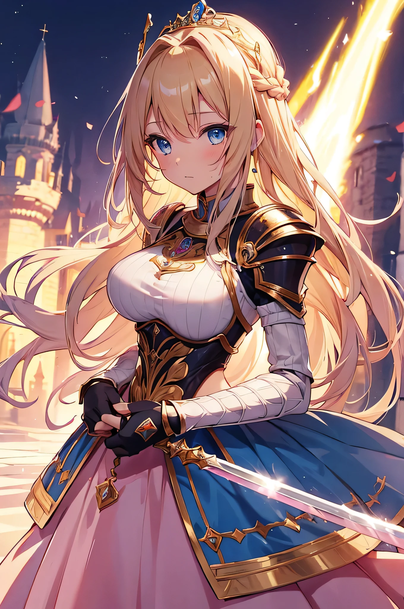 4K,High resolution,One Woman,Blonde,long hair,Braid,Blue Eyes,Big Breasts,Princess Knight,pink princess dress,Pink knight armor,Full Armor,Heavy Armor,Princess Tiara,Jewelry decoration,Gold decoration,Holy Sword,Medieval castle town