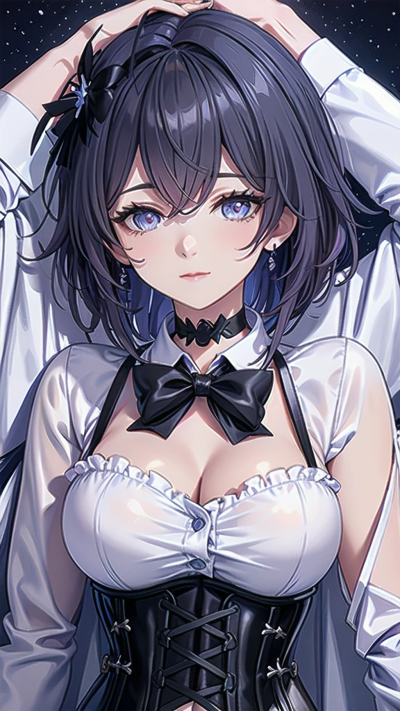 Masterpiece, Beautiful art, professional artist, 8k, Very detailed face, Detailed clothing, detailed fabric, 1 girl, Soul Fullness \(Honkai Impact 3rd\), View from above, lying on the ground, BIG BREASTS, perfectly drawn body, sleeping expression, pale skin, beautiful face, short dark blue hair, pink cheeks, choker:1.6, (white long sleeve button down shirt with white collar), black gloves, gloves that cover hands, (black leather corset), (shiny black leggings), Sensual Lips , winter night, looking at the viewer, dark forest, Atmosphere, fog, At night