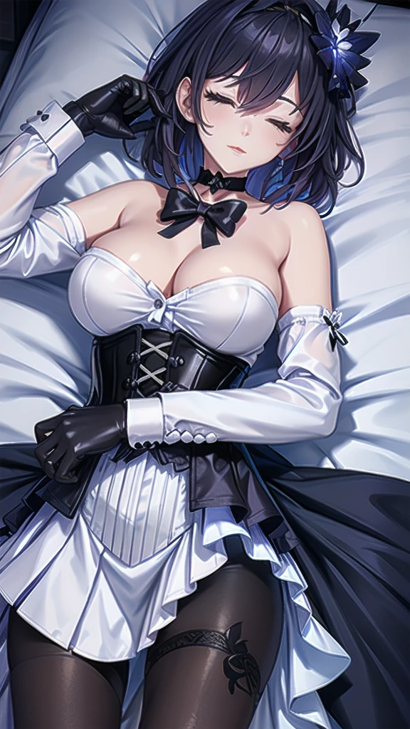 Masterpiece, Beautiful art, professional artist, 8k, Very detailed face, Detailed clothing, detailed fabric, 1 girl, Soul Fullness \(Honkai Impact 3rd\), View from above, lying on the ground, BIG BREASTS, perfectly drawn body, sleeping expression, pale skin, beautiful face, short dark blue hair, pink cheeks, choker:1.6, (white long sleeve button down shirt with white collar), black gloves, gloves that cover hands, (black leather corset), (shiny black leggings), Sensual Lips , winter night, looking at the viewer, dark forest, Atmosphere, fog, At night