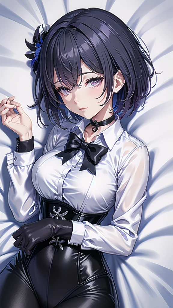 Masterpiece, Beautiful art, professional artist, 8k, Very detailed face, Detailed clothing, detailed fabric, 1 girl, Soul Fullness \(Honkai Impact 3rd\), View from above, lying on the ground, BIG BREASTS, perfectly drawn body, sleeping expression, pale skin, beautiful face, short dark blue hair, pink cheeks, choker:1.6, (white long sleeve button down shirt with white collar), black gloves, gloves that cover hands, (black leather corset), (shiny black leggings), Sensual Lips , winter night, looking at the viewer, dark forest, Atmosphere, fog, At night