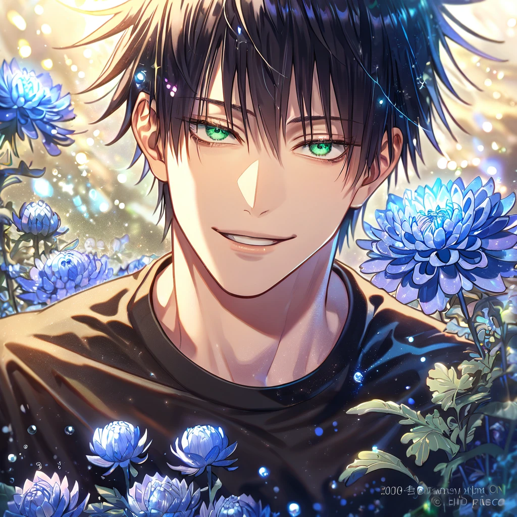 absurdres, highres, ultra detailed, HDR, master piece, best quality, extremely detailed, Fushiguro Touji, black straight hair, expressive green eyes, Jujutsu Kaisen, solo, sexy man, handsome, handsome smile, black tight T-shirt, fantasy, water, sparkling, blue glittering fireflies, blue moon, blue blossoms, blue chrysanthemums, blue sparkling lights, starry sky