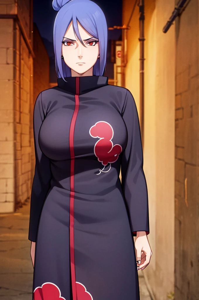 Konan, blue hair, red eyes, big breasts, akatsuki cloak, (torn clothes: 1.2), looking at the viewer, sexy, anatomically correct, detailed eyes, detailed face, standing, underwear visible