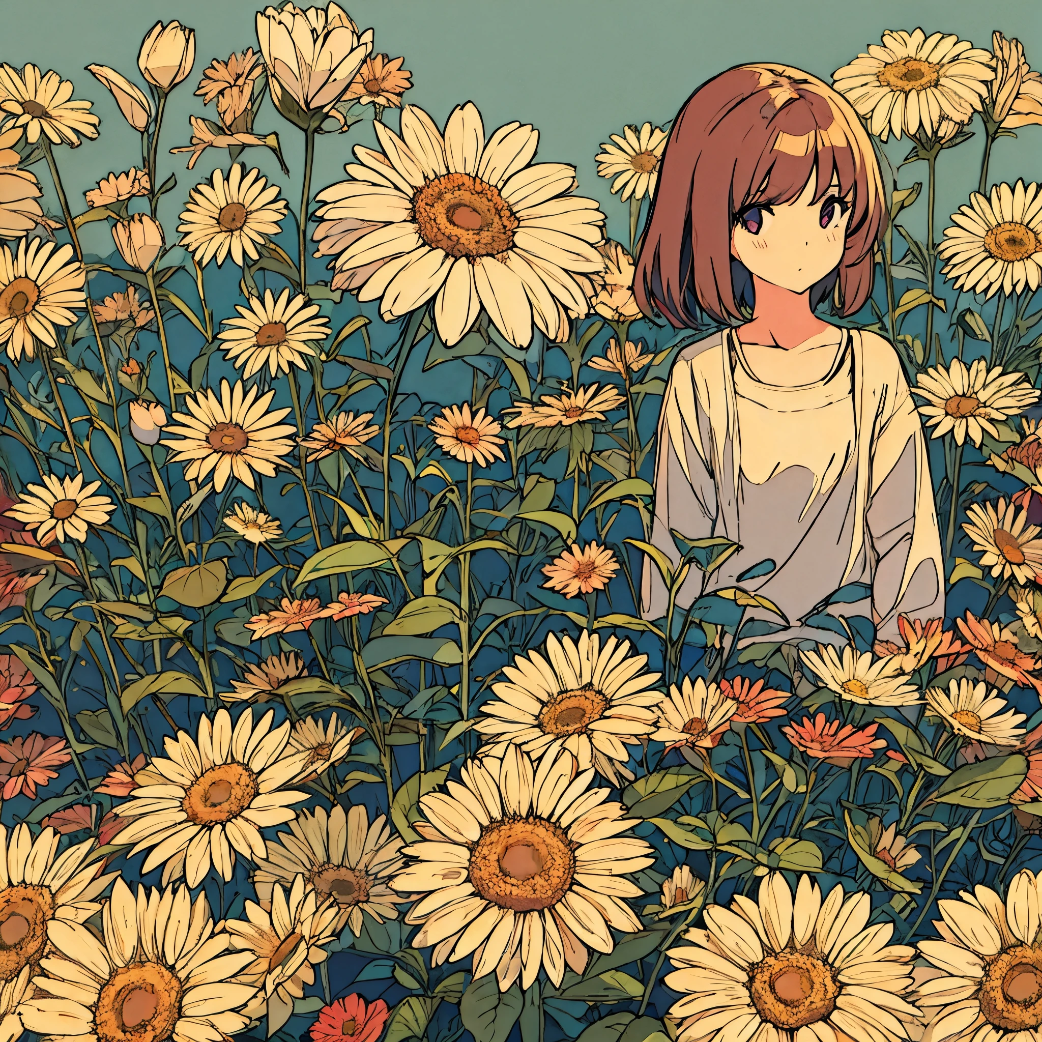 Plain background, girl in , simple, nostalgic, flower
