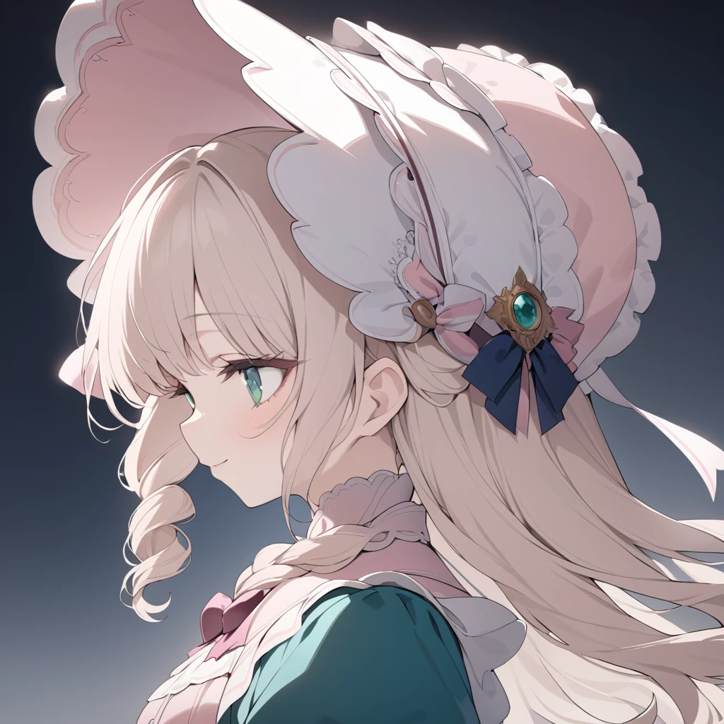 Platinum Blonde hair,curls,((emerald green eyes)),long eyelashes,((light pink victorian dress)),puffy short sleeves,pink frilled dress,((wide brimmed Bonnet with bows)),bustshot,masterpiece,highress,soft smile,bishoujo,peterpan collar,profile,white accents,white trim,white frills,curly side braid,solo,facing left,