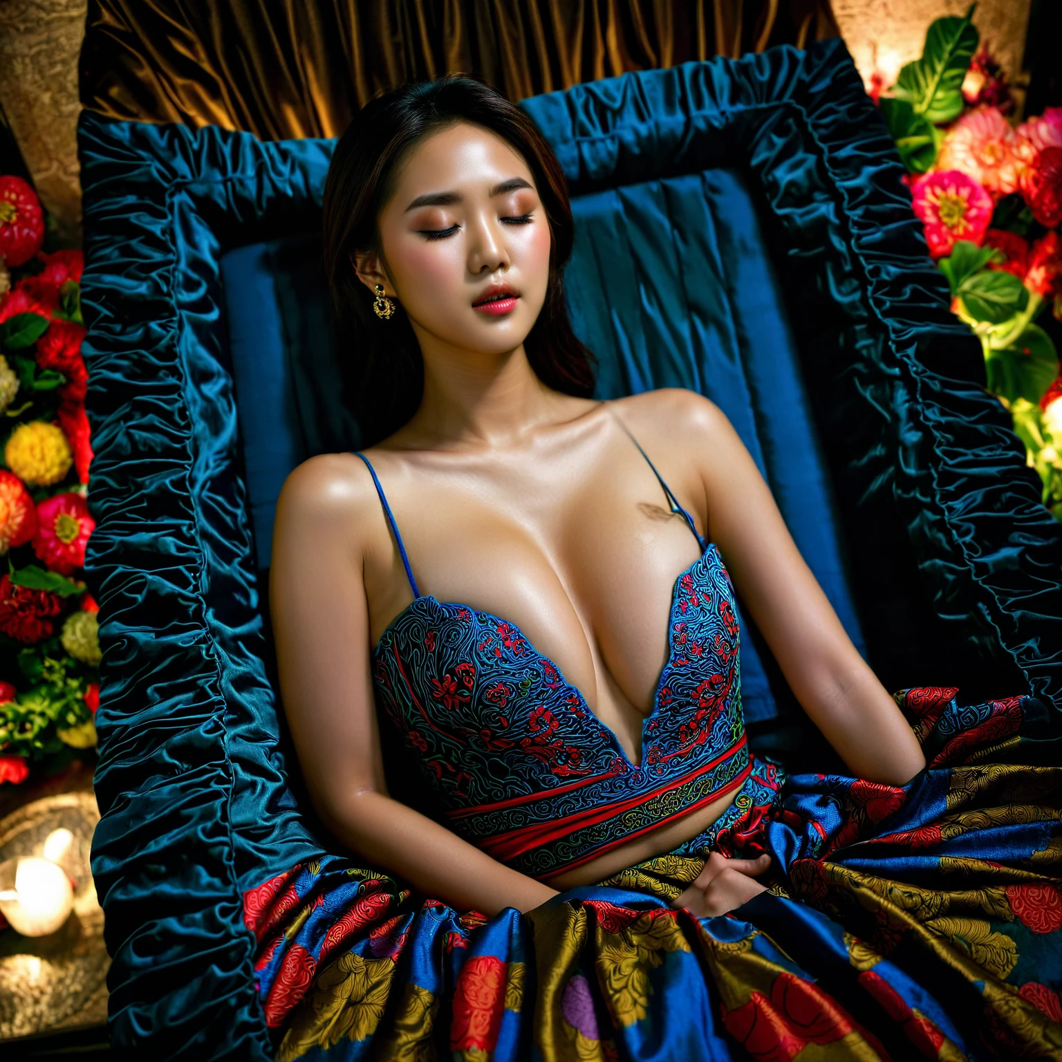 In a striking 8K HDR scene, a stunning Korean woman, 22 years old, lies peacefully in a black coffin surrounded by plush pillows. The deep box is set against a rich black background, accentuating the beauty of the subject. Her exquisite kebaya attire is embroidered with superb detail, showcasing her round and firm breasts, perfect cleavage, and beautiful eyebrows. Her closed eyes and mouth give an air of serenity, while her visible and absolute cleavage leave nothing to imagination. The scene is bathed in saturated colors, highlighting every intricate aspect from the ball skirt to her clean face, straight body, detailed hand perfect hands, straight body.