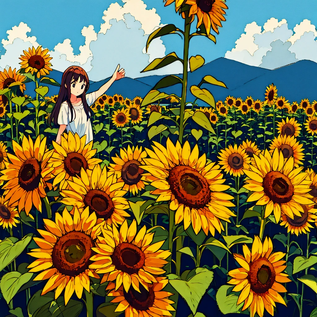 Plain background, girl in , simple, summer, nostalgic, sunflower