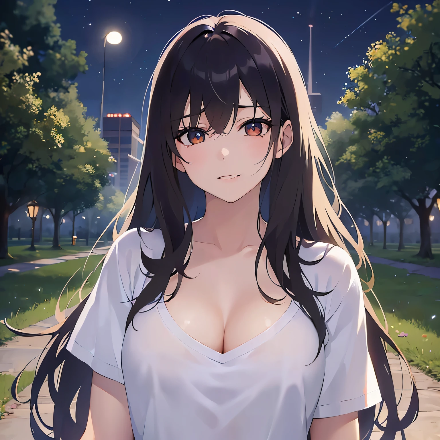 Look down,upper body, Realistic, real person, (pale skin: 1.2), RAW photo, photorealistic, shiny skin, shiny hair、 (A 25-year-old woman with medium-length hair and bangs) and (wavy hair) and (brown hair) and (Orange Eyes)、(white) and (T-shirt:1.5) and (v neck:1.5) 、(Cleavage:1.5)、 (sad:1.5),smile,(Midnight in the Park:1.5)、(Night Sky:1.5)