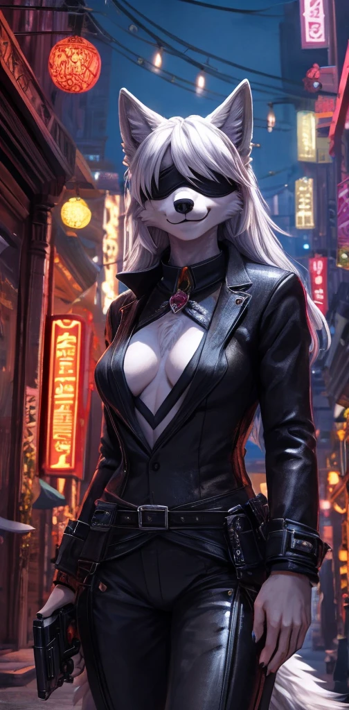 a single wolf girl with a black suit standing in middle of the night with a gun, 1girl, humanoid, anthro girl, furry girl, wolf ears, white hair, black blindfold, night in the city, poker face, no eyes, black suit, voluptuous, beautiful background, 4k, insanely detailed, beautifully lit, masterpiece, best quality, ultra-detailed