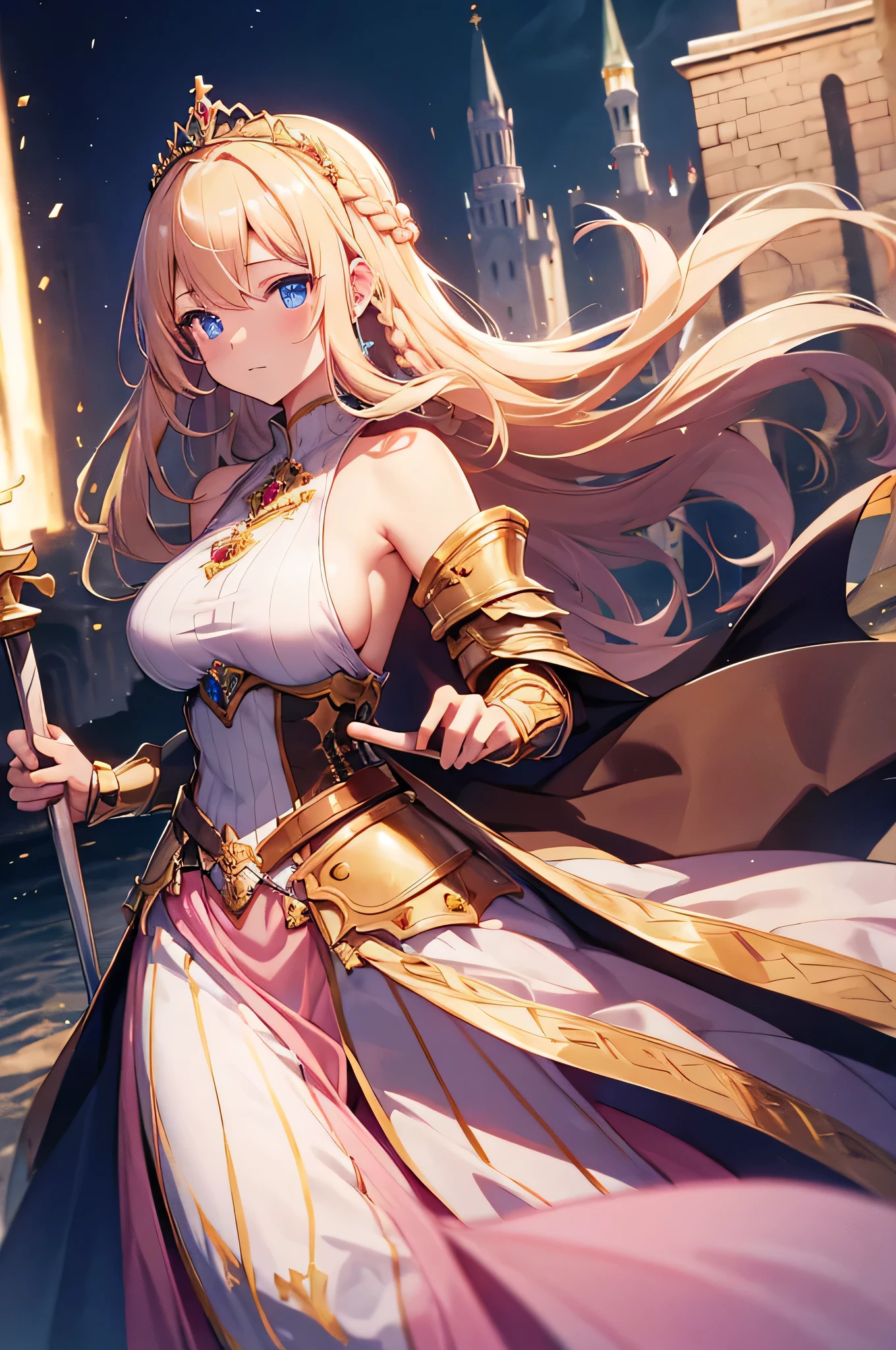 4K,High resolution,One Woman,Blonde,long hair,Braid,Blue Eyes,Big Breasts,Princess Knight,pink princess dress,Pink knight armor,Sideboob,Full Armor,Heavy Armor,Princess Tiara,Jewelry decoration,Gold decoration,Holy Sword,Medieval castle town
