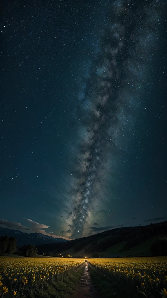 " the night ,a peaceful landscape, like a field or hill. Add elements that symbolize hope and renewal, like flowers blooming or a bright star in the sky. The image should convey the promise of a new beginning, with a sense of gratitude and courage for the challenges of tomorrow."