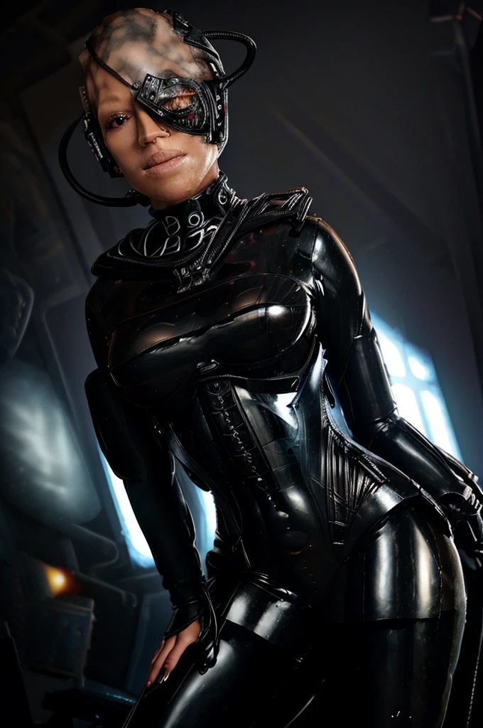 (tawny newsome:1.2), (black skin:1.2), (liquid metal girl full body
 sttldunf uniform:1.2), (Liquid Metal sttldunf uniform:1.2) being assimilated by  Borg, robotic, 
ballgag, leather catsuit, belt, lying, prisoner, (best quality,4k,8k,highres,masterpiece:1.2),ultra-detailed,(realistic,photorealistic,photo-realistic:1.37),dark moody lighting,dramatic chiaroscuro,cinematic, (portrait:1.2)