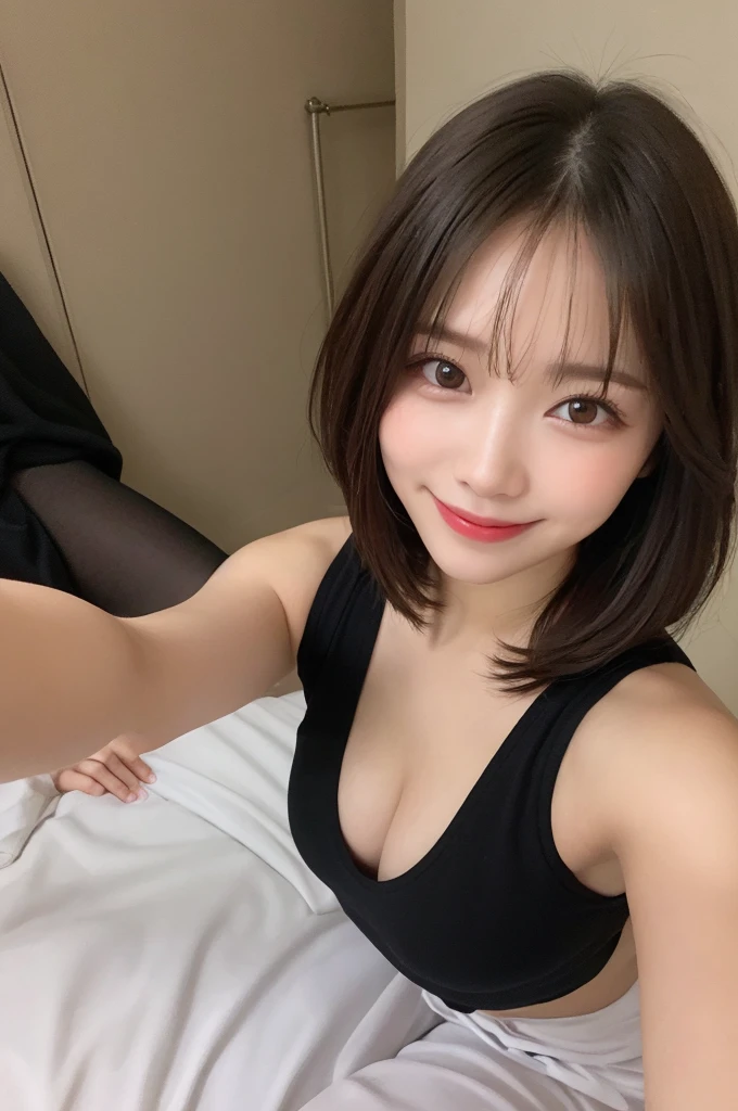 Selfie、Black clothes、Light clothing、Laughing、bed、Lying down、Very short hair、short、ベリーshortカット、Highest quality, figure, Super detailed, In detail, High resolution, 8k wallpaper, Perfect dynamic composition, Beautiful attention to detail, dress,Medium Hair, Small breasts、Natural color lip, Random sexy poses,smile,24-years-old